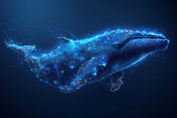 A blue whale composed of polygons, representing a big player in the market or exchange with huge capital, in the wireframe style on a dark blue background