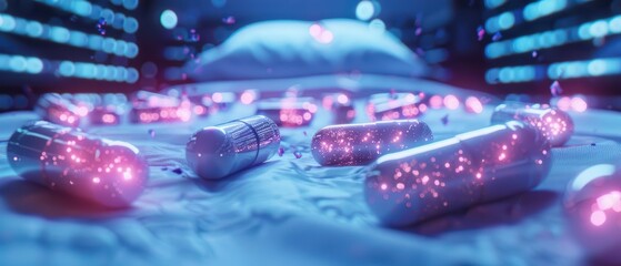 Fototapeta premium An enchanted hospital where pills burst into sparkling dust, enveloping the room in a rejuvenating aura with copy space, high tech