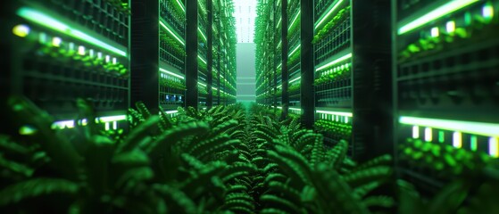 An enchanted metropolis where streets are lined with luminous vegetable plants, their radiant glow guiding citizens through a green urban jungle with copy space, high tech