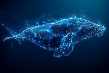 A blue whale composed of polygons, representing a big player in the market or exchange with huge capital, in the wireframe style on a dark blue background