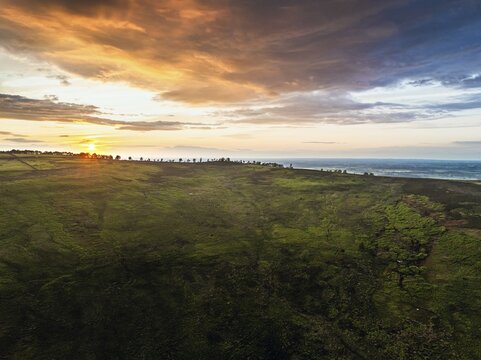Sunset over Cod Beck Reservoir from a drone, North York Moors National Park, North Yorkshire, England, United Kingdom, Europe