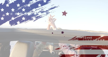 Image of flag of usa over happy diverse women in car by beach in summer