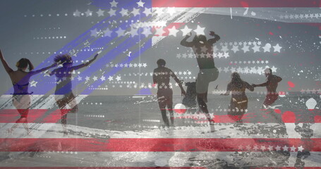 Image of flag of usa over happy diverse friends on beach in summer