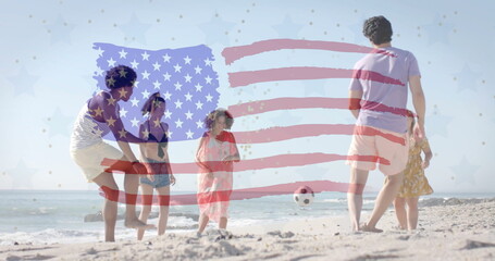Image of flag of usa over happy diverse friends playing ball on beach in summer