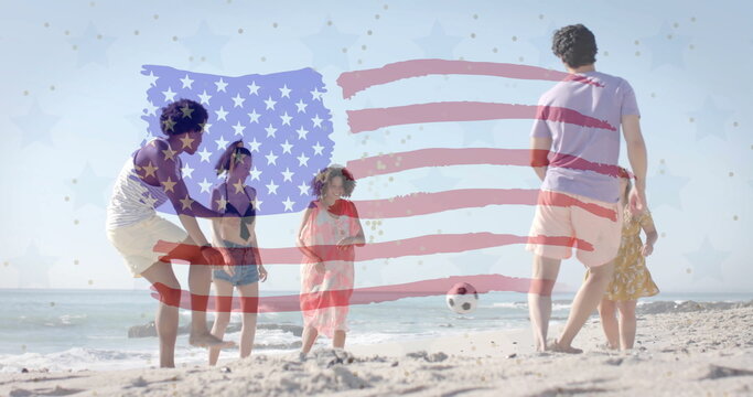 Image of flag of usa over happy diverse friends playing ball on beach in summer - Powered by Adobe