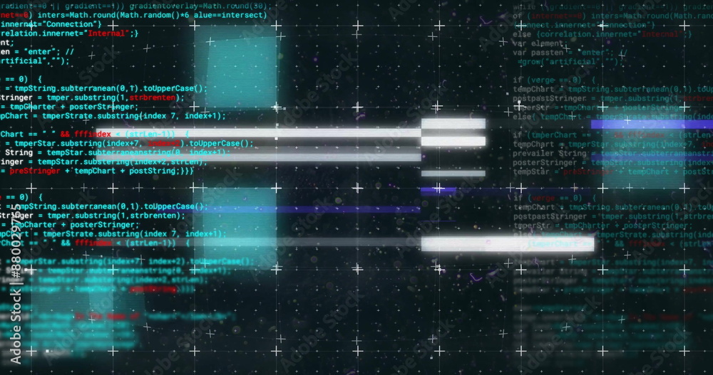 Poster image of data processing and flashing lights over grid on black background