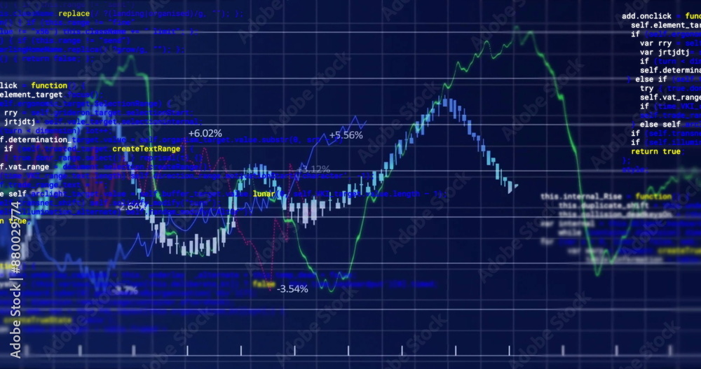 Poster image of graph and data processing over grid on blue background