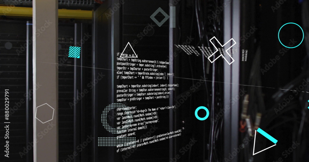 Poster image of rotating shapes and data processing over computer servers