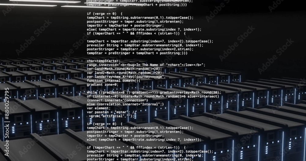 Poster image of text data processing over banks of flashing computer servers in dark server room
