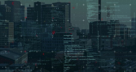 Image of data processing and grid over cityscape