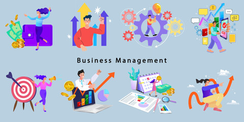 Business management vector illustration set featuring finance, marketing strategy, and innovation concepts. Collection of flat character scenes for corporate planning and startup growth bundle.