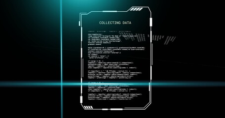 Image of blue scanner beams over data file processing on black background