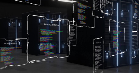 Image of text data files processing over dark computer server room