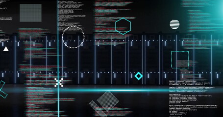 Image of rotating shapes and blue scanner beams over data processing on black background