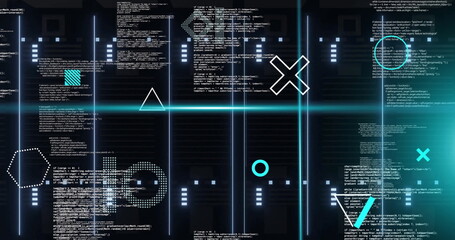 Image of rotating shapes and blue scanner beams over data processing on black background