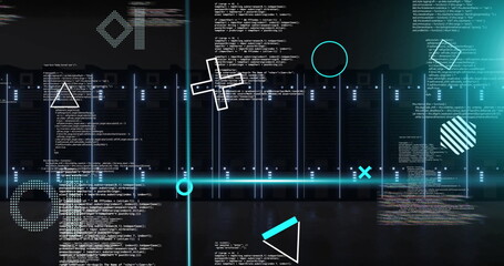 Image of rotating shapes and blue scanner beams over data processing on black background