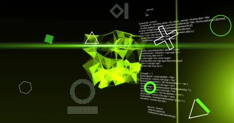 Image of glowing 3d yellow network and scanner beams over data processing, on black