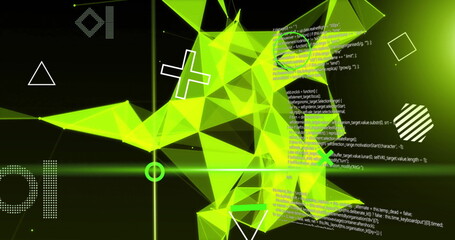 Image of glowing 3d yellow network and scanner beams over data processing, on black