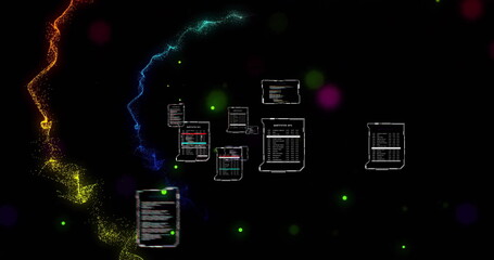 Image of interfaces processing data over colourful light trails and light spots, on black