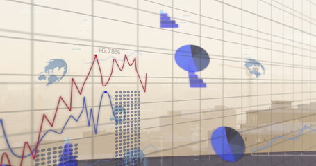 Image of data processing over cityscape