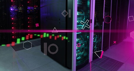 Image of pink scanner beams, rotating shapes and graph processing data over server room