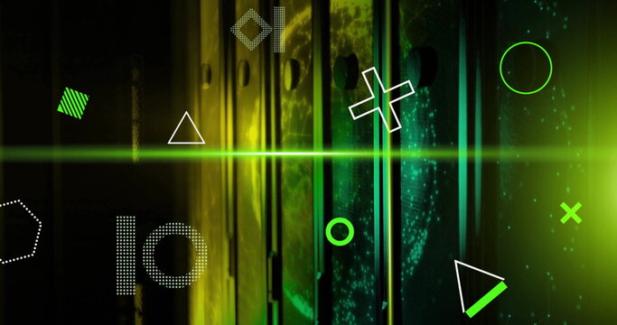 Image of rotating shapes and yellow scanner beams over dark server room - Powered by Adobe