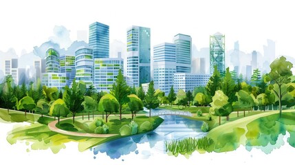 Fototapeta premium A beautiful watercolor illustration of an eco-friendly city with green buildings, lush parks, and a serene river flowing through it.