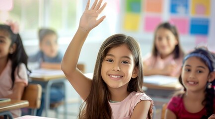 A girl in a pink shirt is raising her hand in a classroom