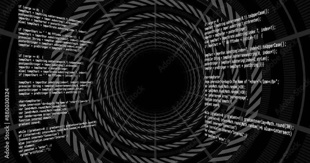 Poster image of text data processing over tunnel of concentric rings on black background
