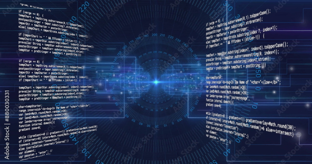 Poster image of text data processing over blue circular scanner, interface outlines and light spots