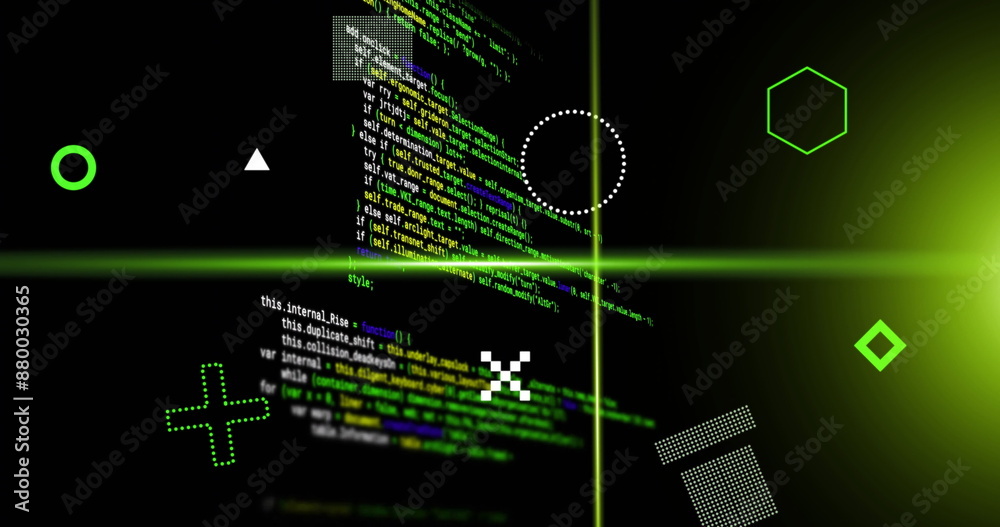 Poster image of rotating shapes and green scanner beams over data processing on black background