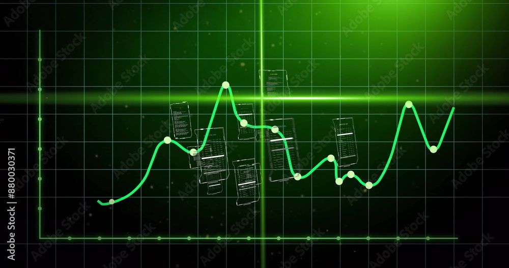 Poster image of green graph and scanner beams over interfaces processing data on dark background