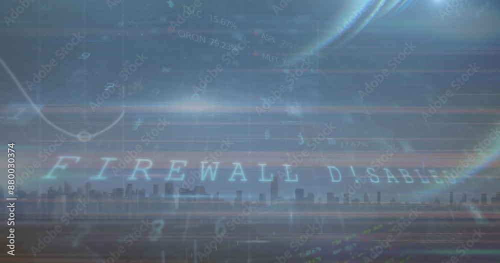 Poster image of cyber security data processing and light trails against view of cityscape