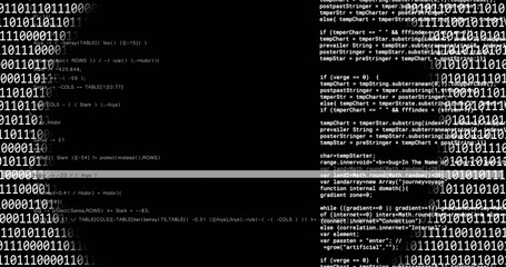 Image of expanding ring of binary data over text data processing on black background