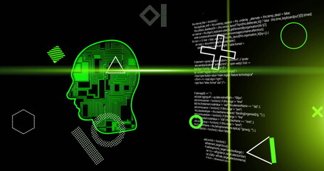 Image of green scanner beams and rotating shapes over network head and processing data on black