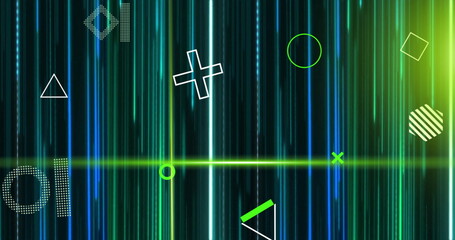 Image of rotating 3d shapes and green scanner beams over blue lights trails on black background