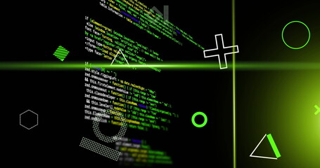 Image of rotating shapes and green scanner beams over data processing on black background