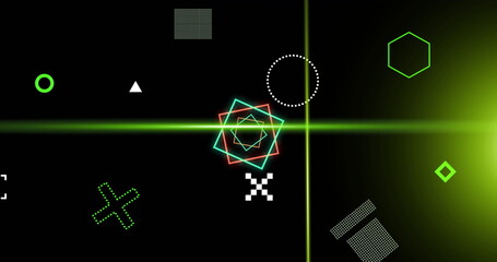Image of rotating green and red squares, shapes and green scanner beams on black background