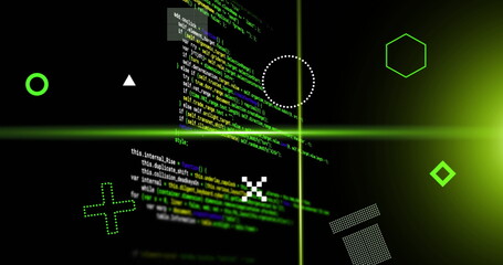 Image of rotating shapes and green scanner beams over data processing on black background