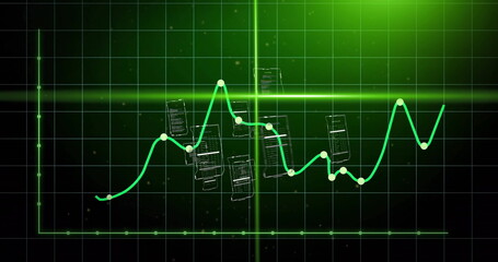 Image of green graph and scanner beams over interfaces processing data on dark background