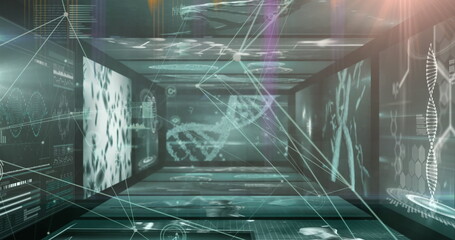 Image of network of connections and light spot against screens with medical data processing