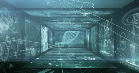 Image of network of connections and light spot against screens with medical data processing