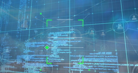 Image of scope scanning over network of profile icons and data processing against blue sky
