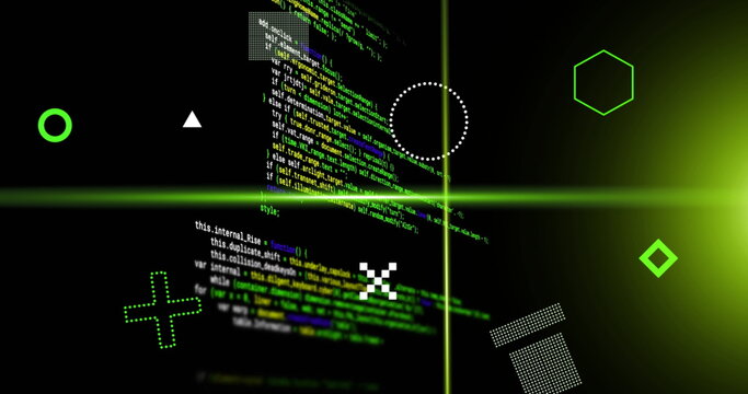 Image of rotating shapes and green scanner beams over data processing on black background