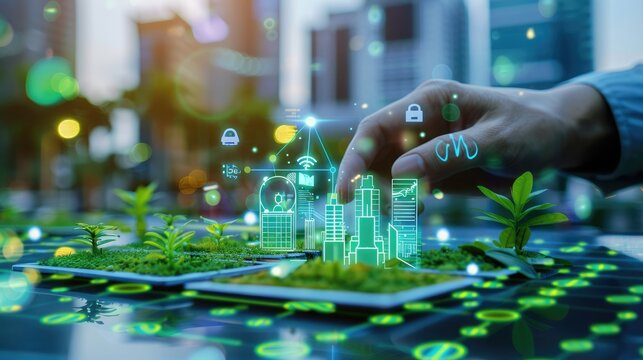 Hand interacting with a virtual smart city model, representing sustainable urban development and green technology concepts.