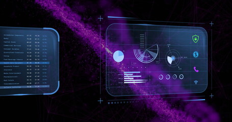Image of financial data processing over purple spots on black background