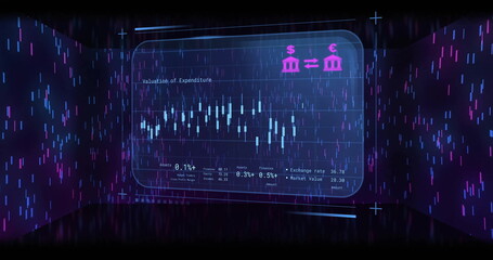 Image of financial data processing over colourful lines on black background
