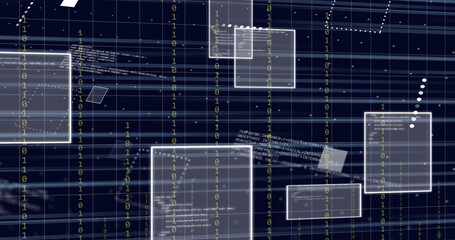 Image of data processing over light trails on black background