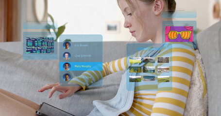 Image of ai chat data processing over caucasian woman using tablet