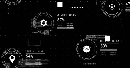 Image of icons and data processing over black background